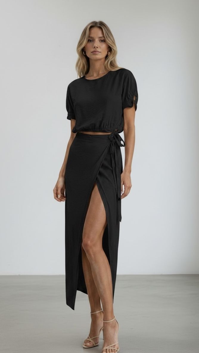 black, wrap ,skirt set