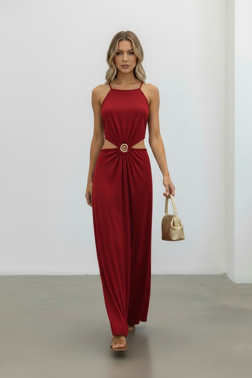 red, maxi,cut outs, dress