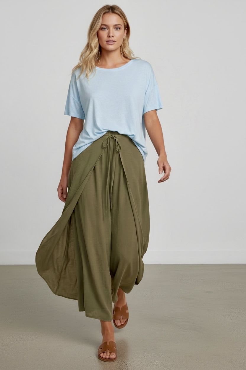 Khaki ,Wrap-Style ,Wide-Leg Pants 
