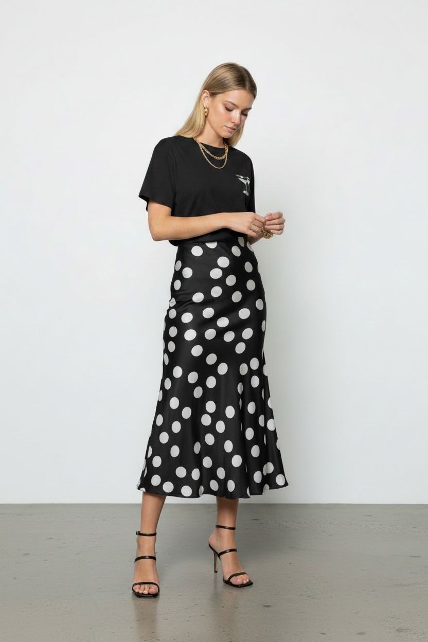 Black ,Cream ,Polka, Skirt, satin