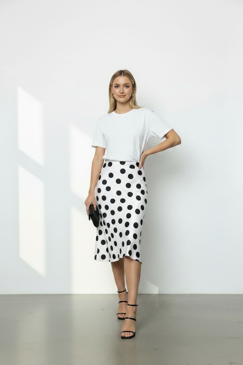 White, Black ,Polka, Skirt,satin